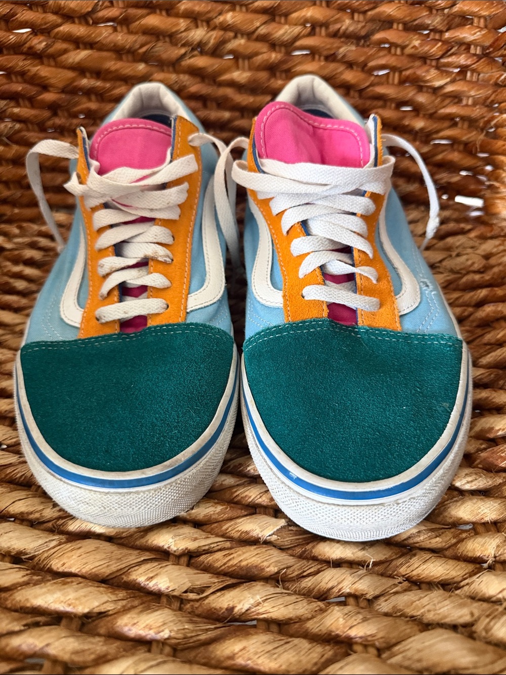 Vans Mens Old Skool Colorblock Sneakers in Teal, Light Blue, Pink & Orange